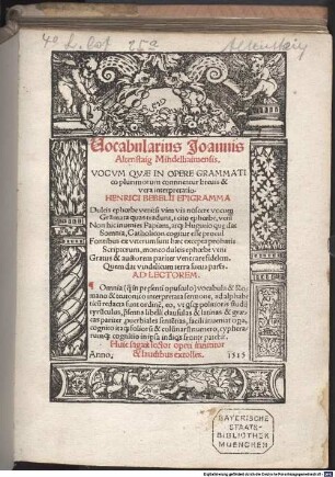 Vocabularius : vocum quae in opere grammatico plurimorum continentur, brevis interpretatio
