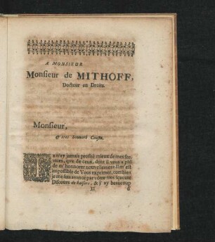 A Monsieur Monsieur de Mithoff, Docteur en Droits.