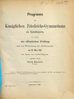 Programm des Königl. Friedrichsgymnasiums zu Gumbinnen : für das Schuljahr ... 1892/93