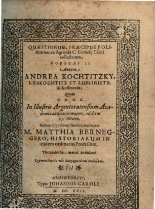 Quaestionum, Praecipue Politicarum, ex Agricolâ C Cornelij Taciti collectarum, Dodecas II.