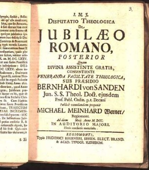 Disputatio Theologica De Jubilæo Romano, Posterior