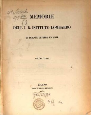 Memorie dell'I.R. Istituto Lombardo di Scienze, Lettere ed Arti, 3. 1852
