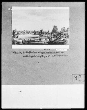 Weimar, die Floßbrücke mit Goethes Gartenhaus vor der Parkgestaltung