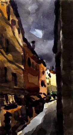 Durchblick zu beleuchtetem Haus (Venedig)
