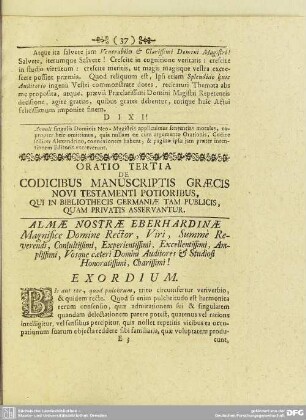 Oratio Tertia De Codicibus Manuscriptis Graecis Novi Testamenti Potioribus, Qui In Bibliothecis Germaniae Tam Publicis, Quam Privatis Asservantur
