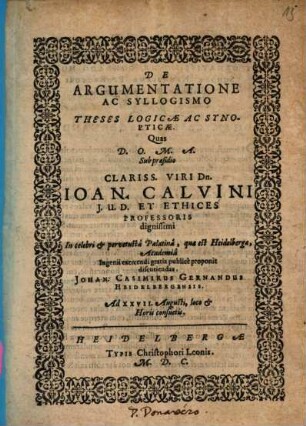 De Argumentatione Ac Syllogismo Theses Logicae Ac Synopticae