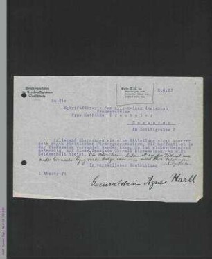 Brief von Agnes Karll an Mathilde Drechsler