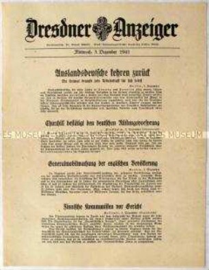 Nachrichtenblatt "Dresdner Anzeiger" u.a. zur Rückkehr "Auslandsdeutscher" aus Ungarn und Spanien und über Mobilmachung der englischen Bevölkerung