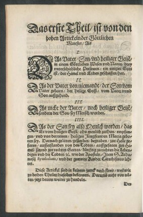 Das erste Theil/ ist von den hohen Artickeln der göttlichen Maiestet ...