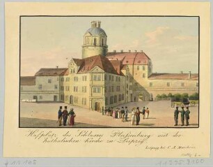 Die Pleißenburg im Südwesten von Leipzig mit dem Hofplatz, dem Turm und der katholischen Kirche