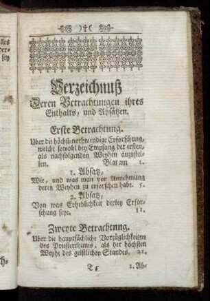 Verzeichnuß Deren Betrachtungen ihres Enthalts, und Absätzen.
