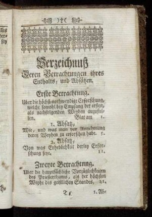 Verzeichnuß Deren Betrachtungen ihres Enthalts, und Absätzen.