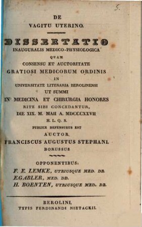 De vagitu uterino : dissertatio inauguralis medico-physiologica