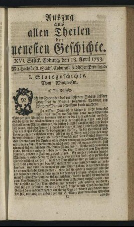 XVI. Stück. Coburg, den 18. April. 1753.