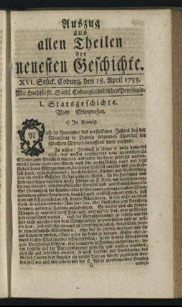 XVI. Stück. Coburg, den 18. April. 1753.