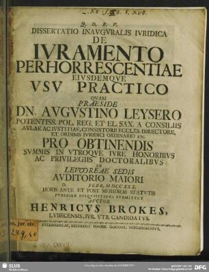 Dissertatio Inauguralis Iuridica De Iuramento Perhorrescentiae Eiusdemque Usu Practico