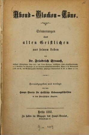 Abend-Glocken-Töne : Erinnerungen eines alten Geistlichen aus seinem Leben