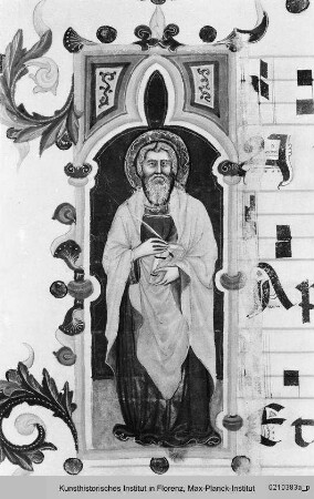 Graduale : Textseite mit vierzeiligen Neumen und historisierter Initiale I: Evangelist Johannes