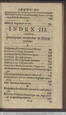 Index III. continens praecipuas materias in literis tractatas