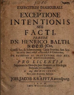 Exercitium inaug. de exceptione intentionis seu facti