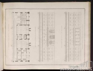 45. Fig. I. Durchschnitt nach der Richtung EF des Grundrisses. Fig. II. Facade der Westseite des Schlosses. Fig. III. Facade der Ostseite des Schlosses.