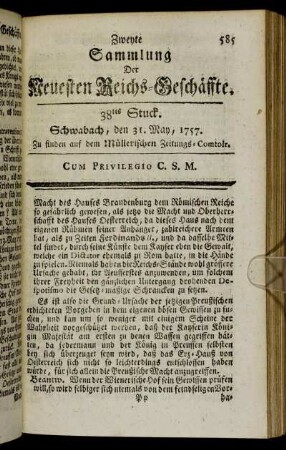 38tes Stuck. Schwabach, den 31. May, 1757.