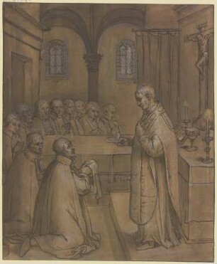 Ein vor dem Altar stehender Priester reicht mehreren knienden Männern die Hostie