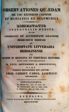 Observationes quaedam de usu externo chininii et muriatici et sulphurici : Diss. inaug. med.