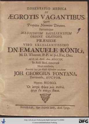 Dissertatio Medica De Aegrotis Vagantibus