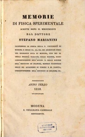Memorie di fisica sperimentale. 3. 1839