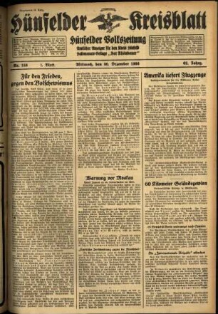 Erste Ausgabe vom Mittwoch, den 30. Dezember 1936.