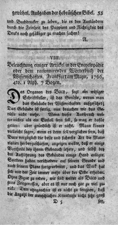 VIII. Beleuchtung einiger Artickel in der Encyclopädie.