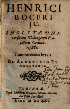 Henrici Boceri JC. ... commentarius brevis de adulterio et adulteris