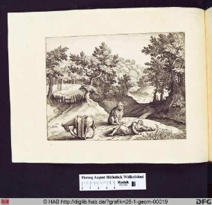 Waldweg mit gefallenem Reiter neben einem Esel und einem Löwen.