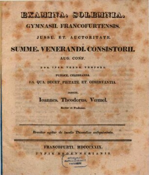 De incolis Thessaliae antiquissimis : Examina solemnia Gymnasii Francofurt. ... hoc ipso verno tempore publ. celebranda ... indicit Jo. Theod. Voemel