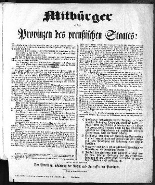 Mitbürger in den Provinzen des preußischen Staates! (Sammlung Friedlaender)