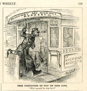 This conductor to pay on this line. "Who 'squealed' to stop here?" : der Teufel wird als Schaffner einer Straßenbahn dargestellt