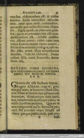 Optimo Viro Hominique Doctissimo Rogero Aschamo Amico Suo Michael Toxites. S. P. D.