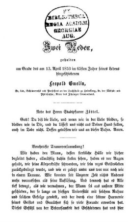 Zwei Reden gehalten am Grabe des am 13. April 1853 im 65sten Jahre seines Lebens hingeschiedenen Leopold Gmelin