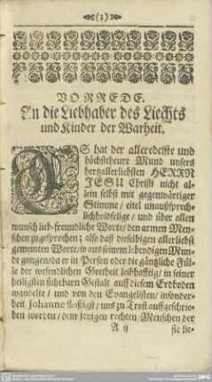 VORREDE. An die Liebhaber des Liechts und Kinder der Warheit.