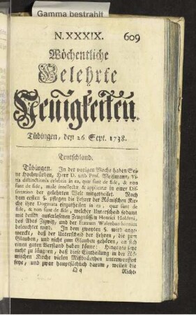 N. XXXIX. Tübingen, den 26. Sept. 1738
