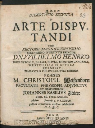 2: Dissertatio Secunda de Arte Disputandi