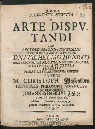 2: Dissertatio Secunda de Arte Disputandi