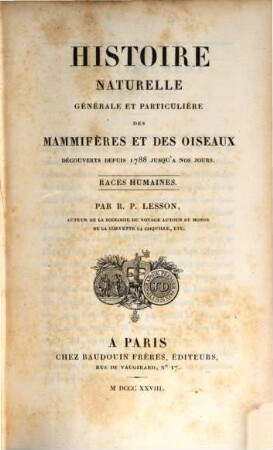 Histoire naturelle générale et particulière des mammifères et des oiseaux découverts depuis 1788 jusqu'à nos jours, 2. Races humaines