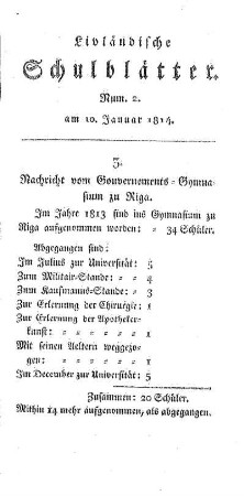 Nachricht vom Gouvernements-Gymnasium zu Riga