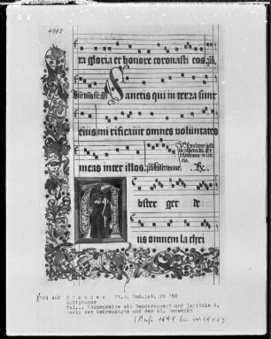 Antiphonarium — Initiale A, darin der Gekreuzigte und der heilige Benedict