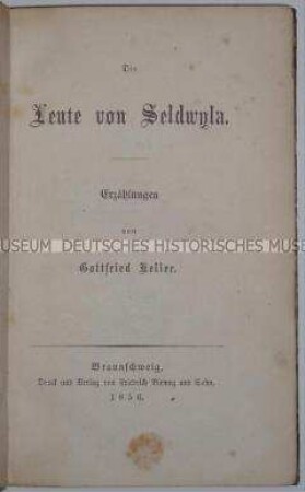Erstausgabe des Erzählbandes Die Leute von Seldwyla von Gottfried Keller