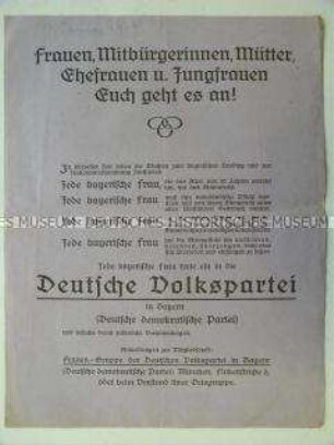 Propagandaflugblatt mit Mitgliederwerbung der Deutschen Volkspartei in Bayern mit Ausrichtung auf die Frauen
