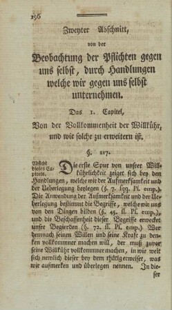 Zweyter Abschnitt, von der Beobachtung der Pflichten gegen uns selbst, durch Handlungen welche wir gegen uns selbst unternehmen.