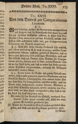 273-276, Tit. XXVI. Von dem Beweiß per Comparationem Literarum.; Tit. XXVII. Von dem Beweis durch Ocular-Inspection.